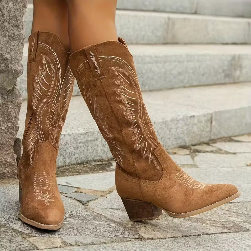 Last day 49% Off❤️ Women's Embroidered Cowboy Boots - Wide Calf Mid-Heel Western Boots with Zipper Closure
