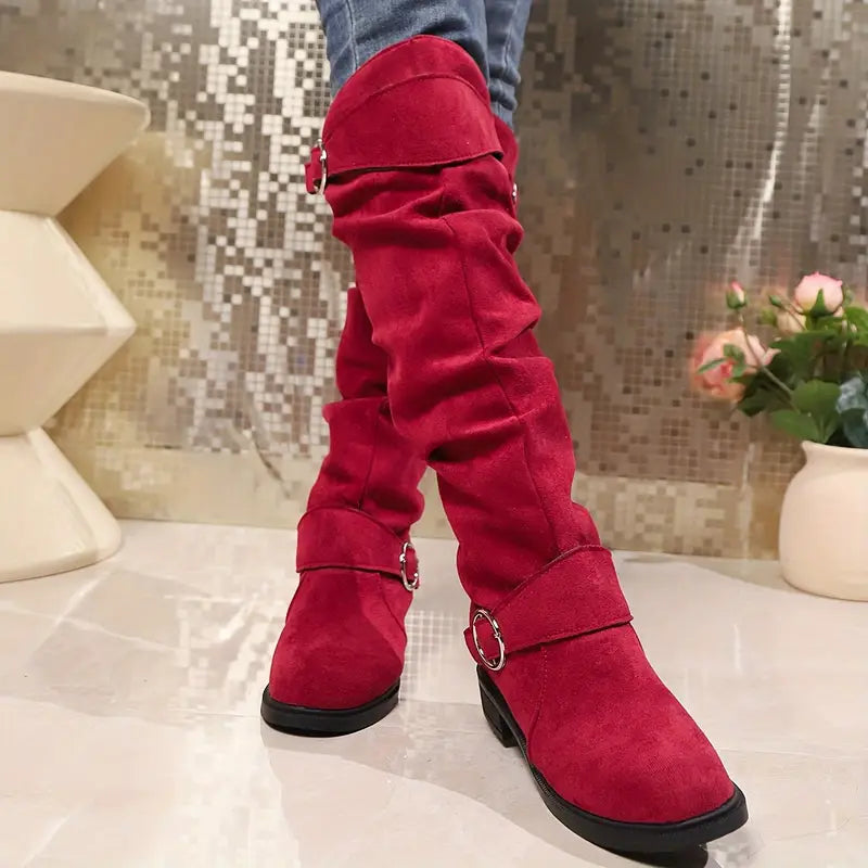 🎄Early Christmas Sale 55% Off❤️ Women's Buckle Belt Pull On Chunky Heel High Knee Boots, Winter Round Toe Slouchy Boots
