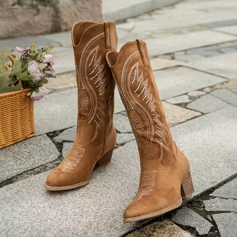 Last day 49% Off❤️ Women's Embroidered Cowboy Boots - Wide Calf Mid-Heel Western Boots with Zipper Closure