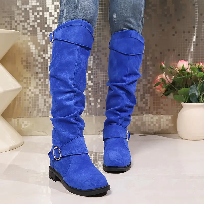 🎄Early Christmas Sale 55% Off❤️ Women's Buckle Belt Pull On Chunky Heel High Knee Boots, Winter Round Toe Slouchy Boots