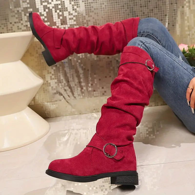 🎄Early Christmas Sale 55% Off❤️ Women's Buckle Belt Pull On Chunky Heel High Knee Boots, Winter Round Toe Slouchy Boots