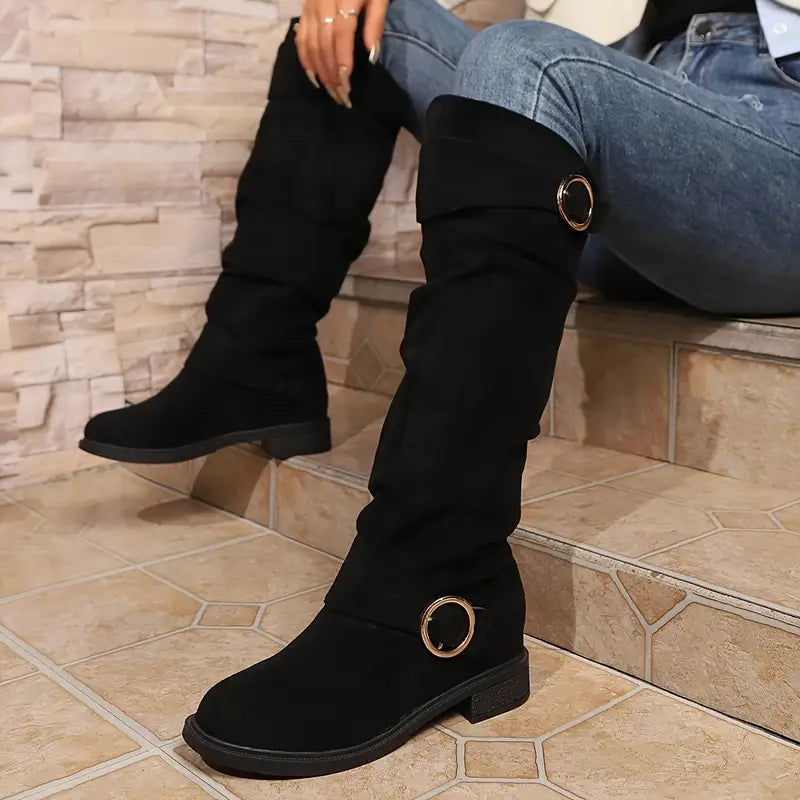 🎄Early Christmas Sale 55% Off❤️ Women's Buckle Belt Pull On Chunky Heel High Knee Boots, Winter Round Toe Slouchy Boots