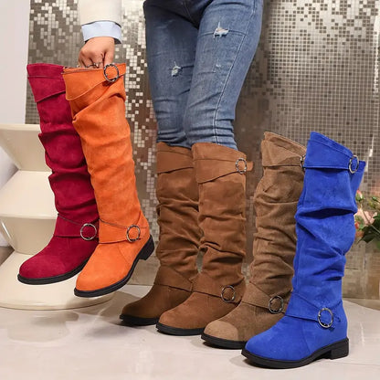 🎄Early Christmas Sale 55% Off❤️ Women's Buckle Belt Pull On Chunky Heel High Knee Boots, Winter Round Toe Slouchy Boots
