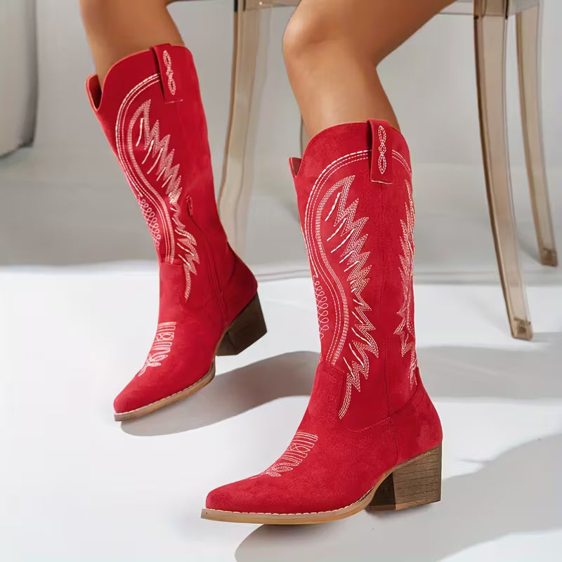 Last day 49% Off❤️ Women's Embroidered Cowboy Boots - Wide Calf Mid-Heel Western Boots with Zipper Closure