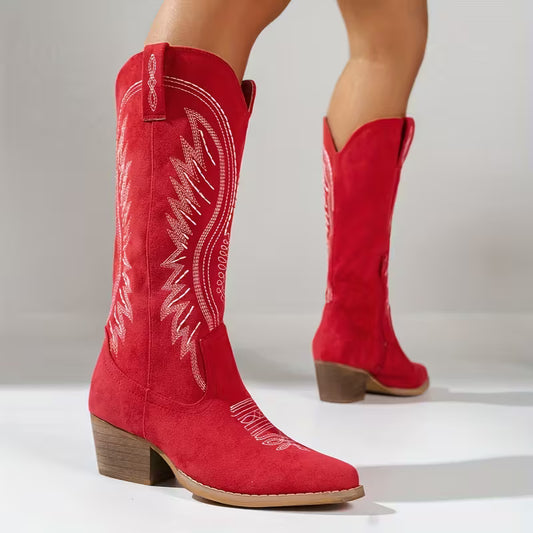 Last day 49% Off❤️ Women's Embroidered Cowboy Boots - Wide Calf Mid-Heel Western Boots with Zipper Closure
